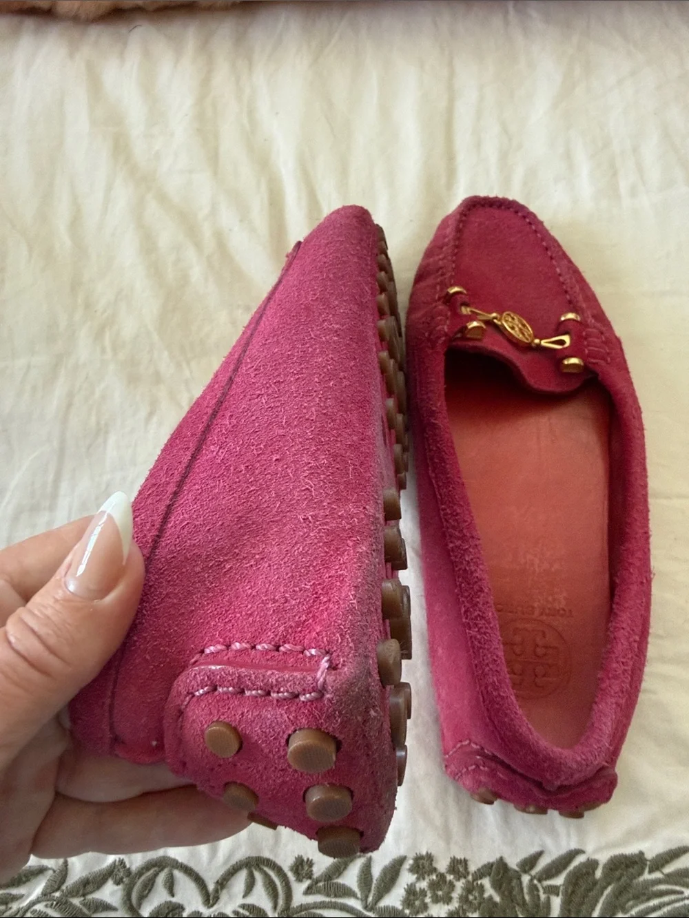 Tory Burch Magenta Suede Driving Loafers with Gold Emblem